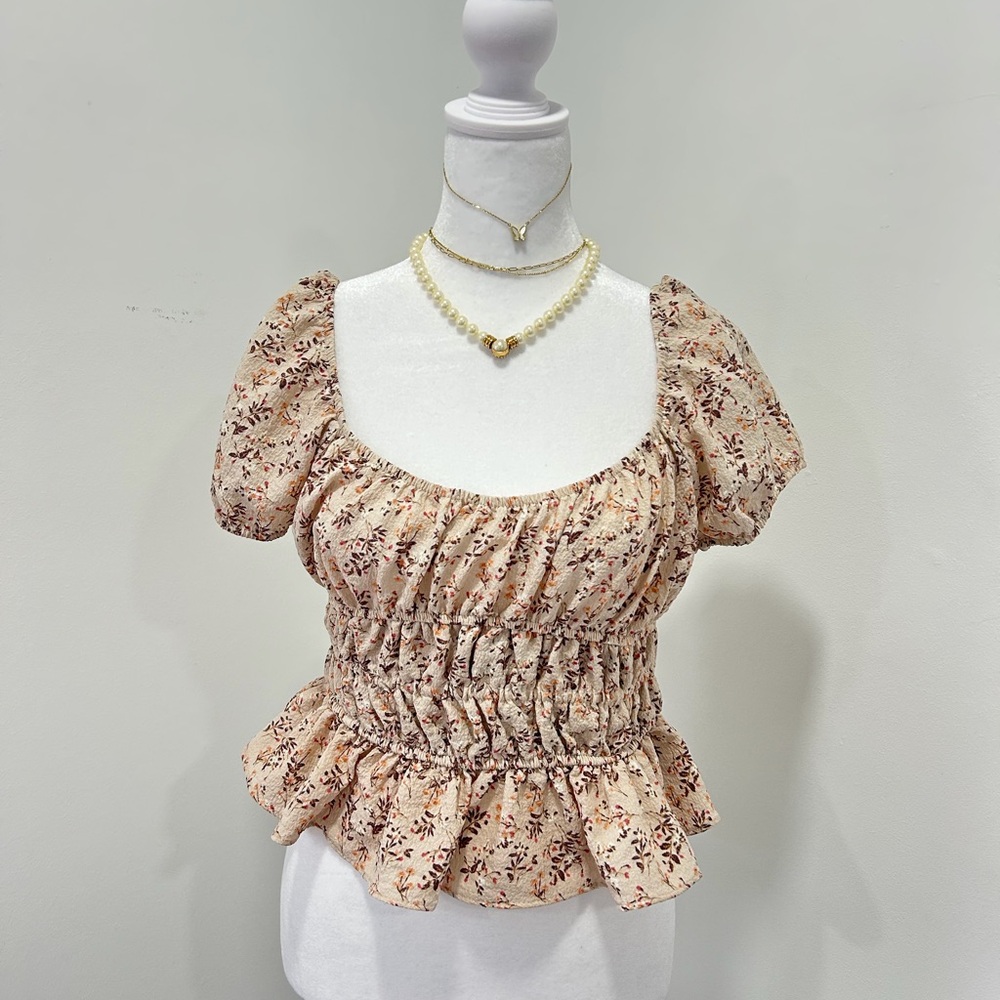 Moa Moa Floral Smocked Blouse in Cream and Brown medium NWOT